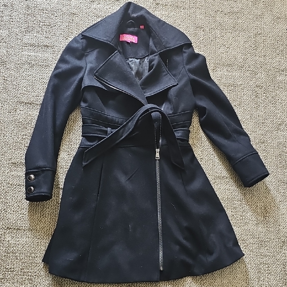 Catherine Malandrino Black Trench Coat with Asymmetrical Zipper